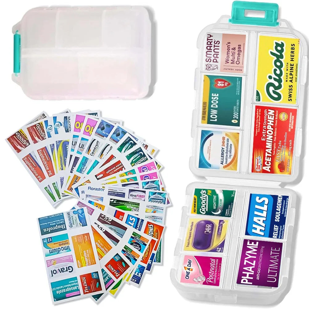 White pill organiser with 147 medication sticker labels