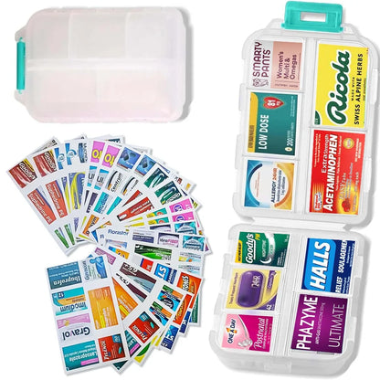 White pill organiser with 147 medication sticker labels