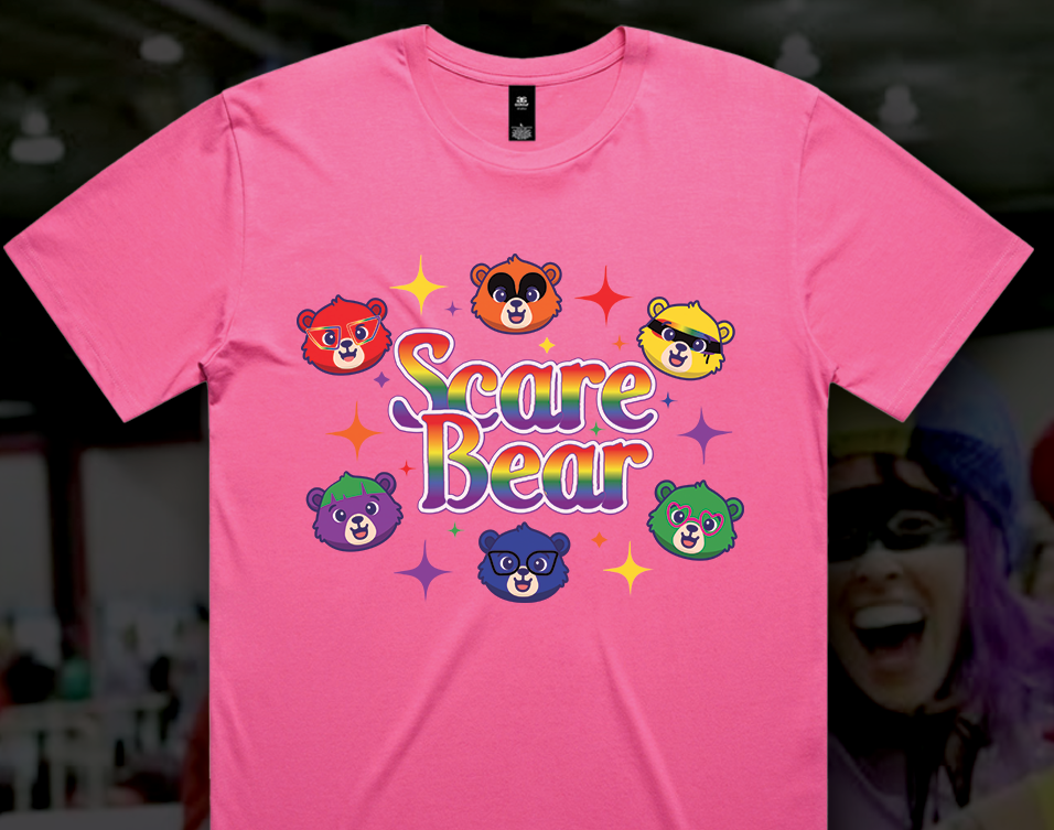 Pink t-shirt with colorful bear graphics and 'Scare Bear' text on a background of Mars Scarebear 32