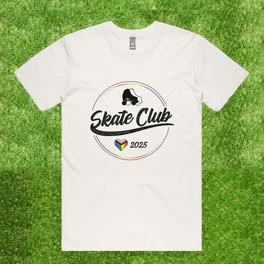 The "Pre-order: SKATE CLUB 2025 progress pride - Local hand printed t-shirt" by Gay Skate is a white shirt adorned with "Skate Club" and "2025" in black lettering, featuring a skateboard silhouette above and a vibrant heart design inspired by the Progress Pride Flag below. This vintage-style skate club shirt is stylishly showcased on green grass.