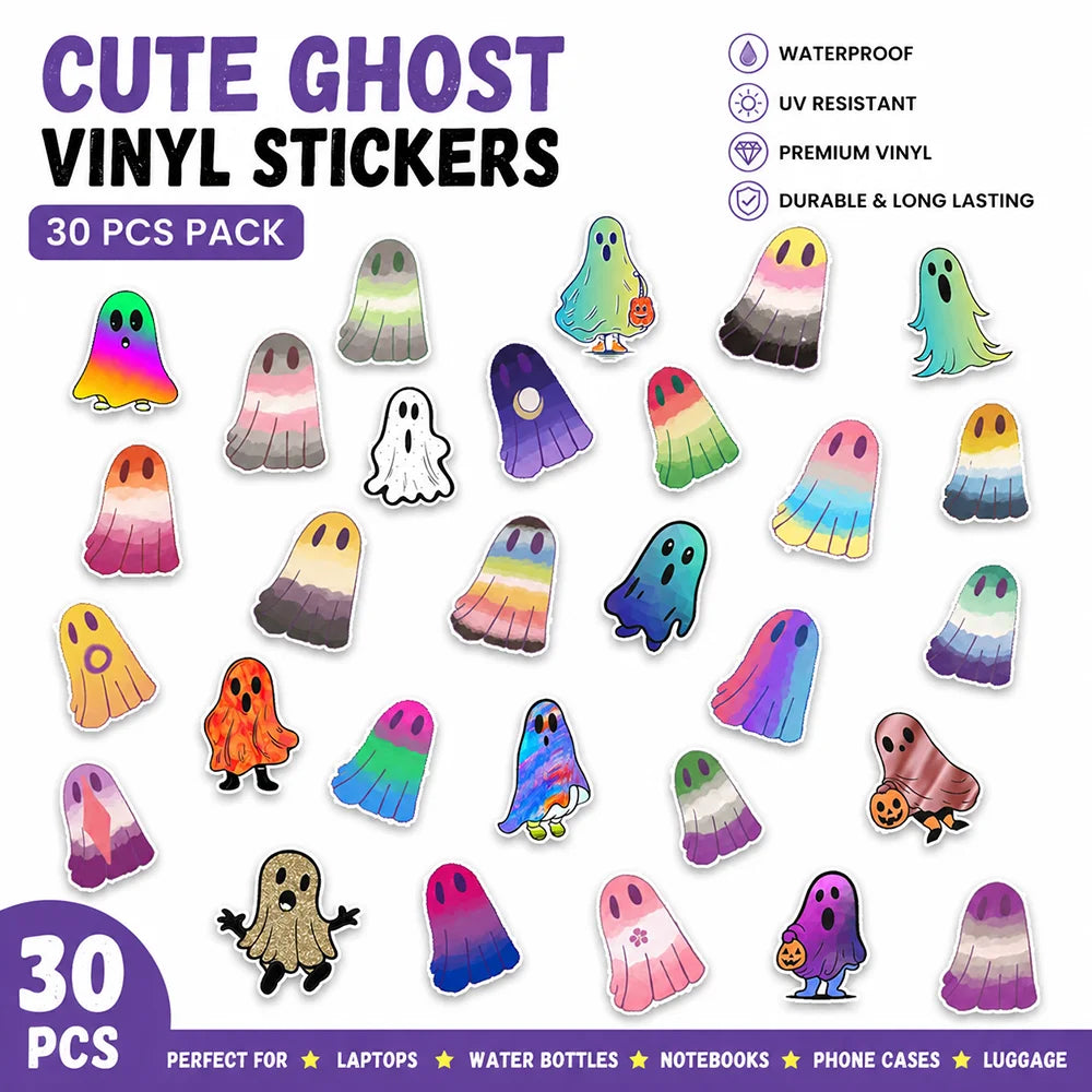 30 cute ghost vinyl stickers. The image shows multiple pride flag ghost-shaped stickers 
