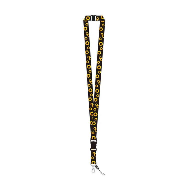 A black lanyard with Invisible Disability sunflower print