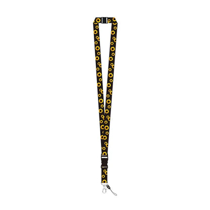 A black lanyard with Invisible Disability sunflower print