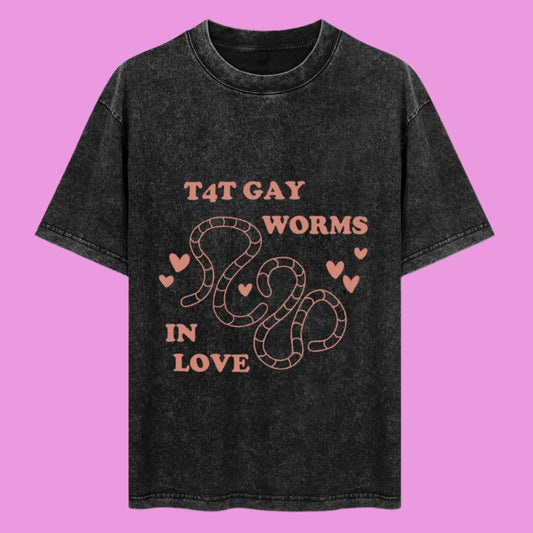 T4T gay worms in love - black distressed over size t-shirt. Funny transgender shirt for trans love, trans rights and trans pride. Gay pride shirt.