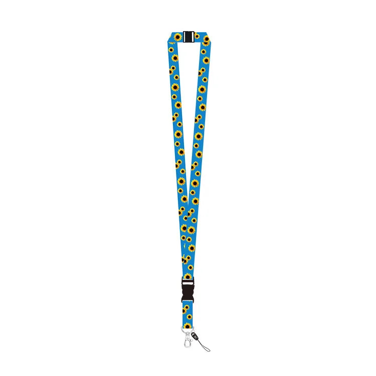 A blue lanyard with Invisible Disability yellow sunflower print