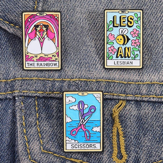 Lesbian Gay Pride Tarot Card Enamel Pins The Rainbow Girls Lesbian Bee Scissors Brooch Lapel Badge Jewelry Gift Lovers Friends