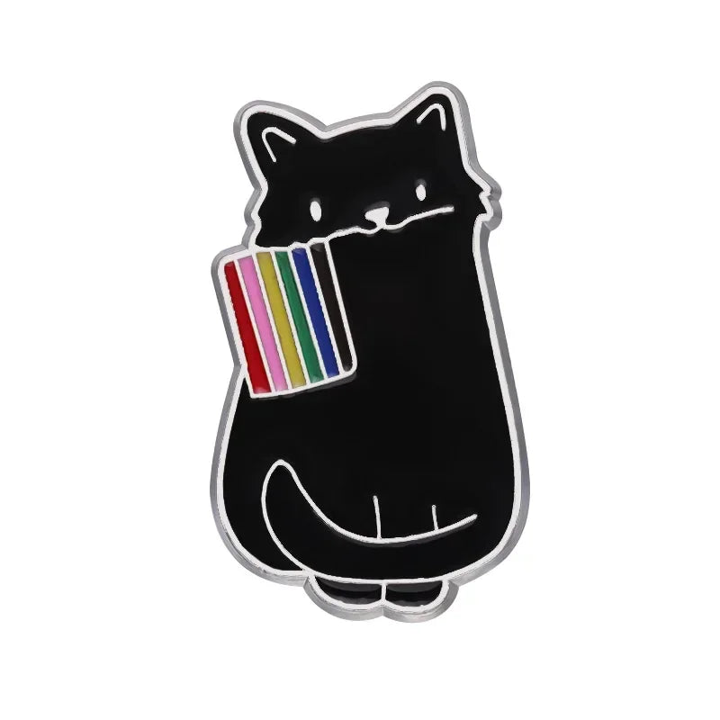 Black cat holding a rainbow flag on a white background