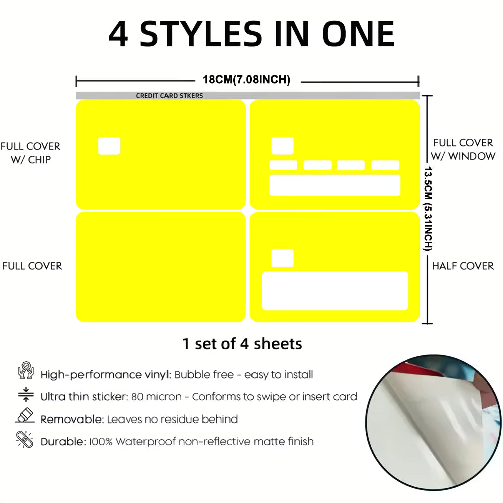 Set of four yellow credit card sticker designs with dimensions 