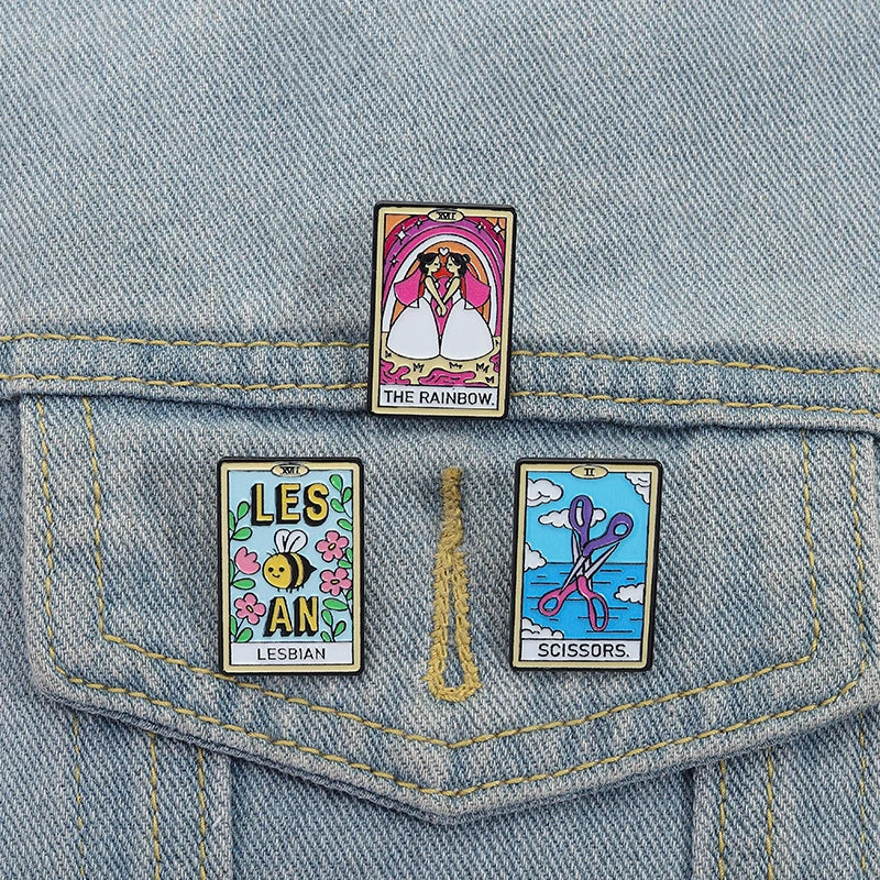 Lesbian Gay Pride Tarot Card Enamel Pins The Rainbow Girls Lesbian Bee Scissors Brooch Lapel Badge Jewelry Gift Lovers Friends