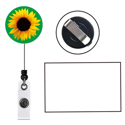 A retractable badge reel with Invisible Disability sunflower, shown with a close-up of the clip mechanism