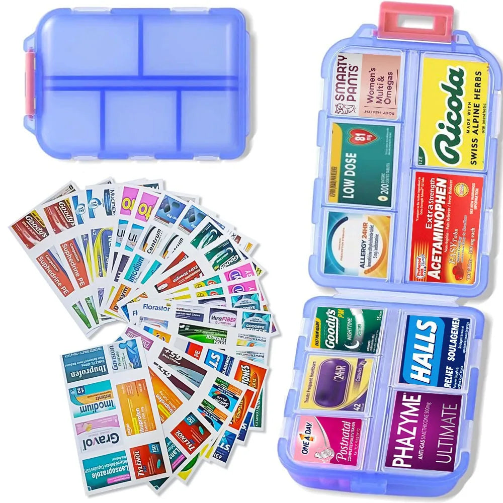 Collection of medicine labels in a blue storage box