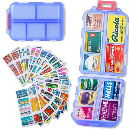 Collection of medicine labels in a blue storage box