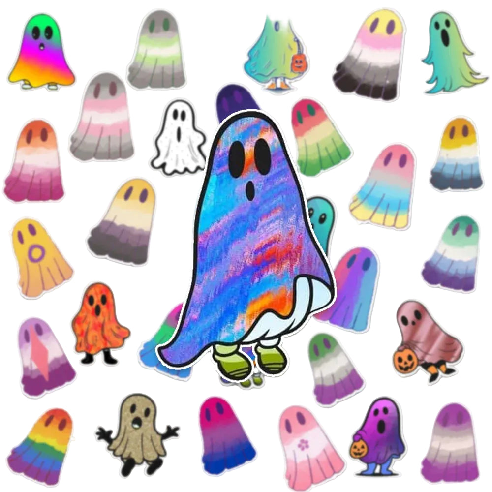 Vinyl stickers featuring various pride flag ghost designs in different colors and styles