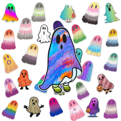 Vinyl stickers featuring various pride flag ghost designs in different colors and styles