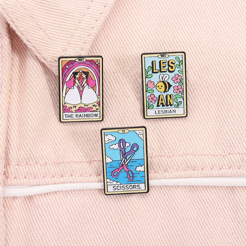 Lesbian Gay Pride Tarot Card Enamel Pins The Rainbow Girls Lesbian Bee Scissors Brooch Lapel Badge Jewelry Gift Lovers Friends