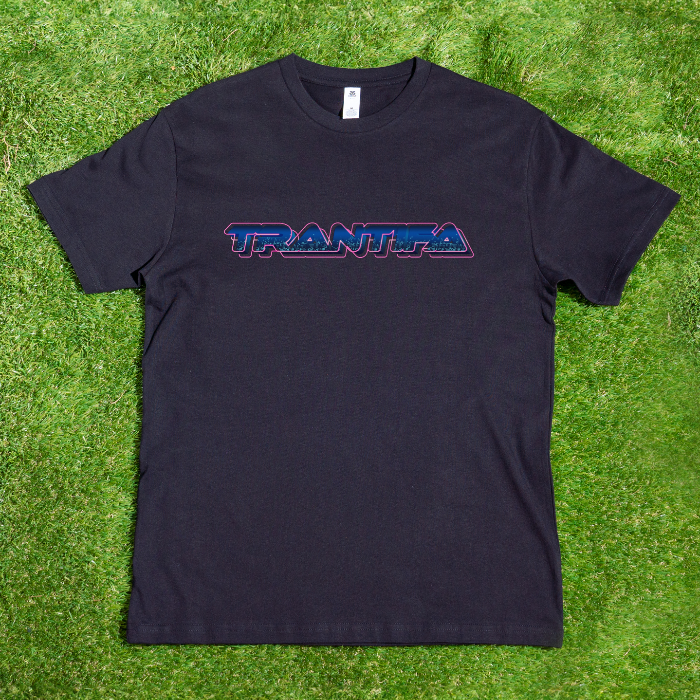 Black t-shirt with pink and blue 'TRANTIFA'  logo