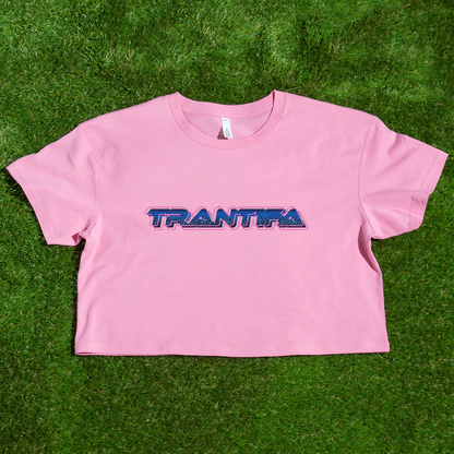 Pink crop top with 'TRANTIFA' logo 