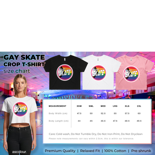 The "AS Colour Crop Tee Size Chart and Care Instructions" features four shirt colors (black, white, pink, tie-dye) shown above a model wearing the tee. Size measurements and care guidelines are detailed below.
