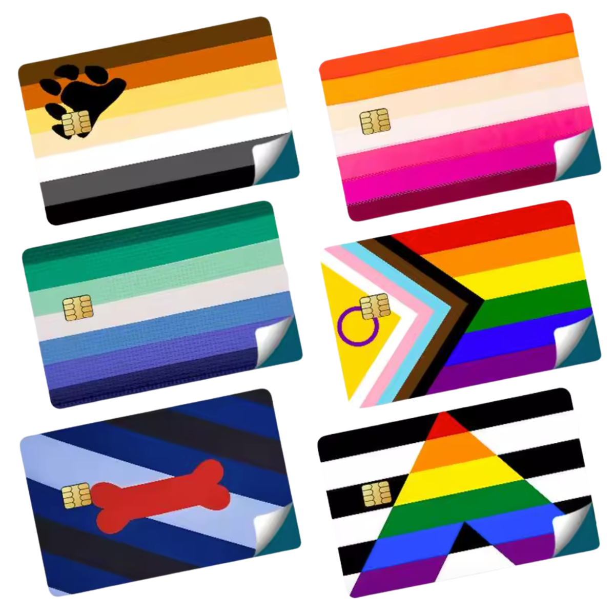 Six rectangular bank card sticker skins with different pride flag designs on bank cards including bear, gay men, pup, lesbian, rainbow and ally flags