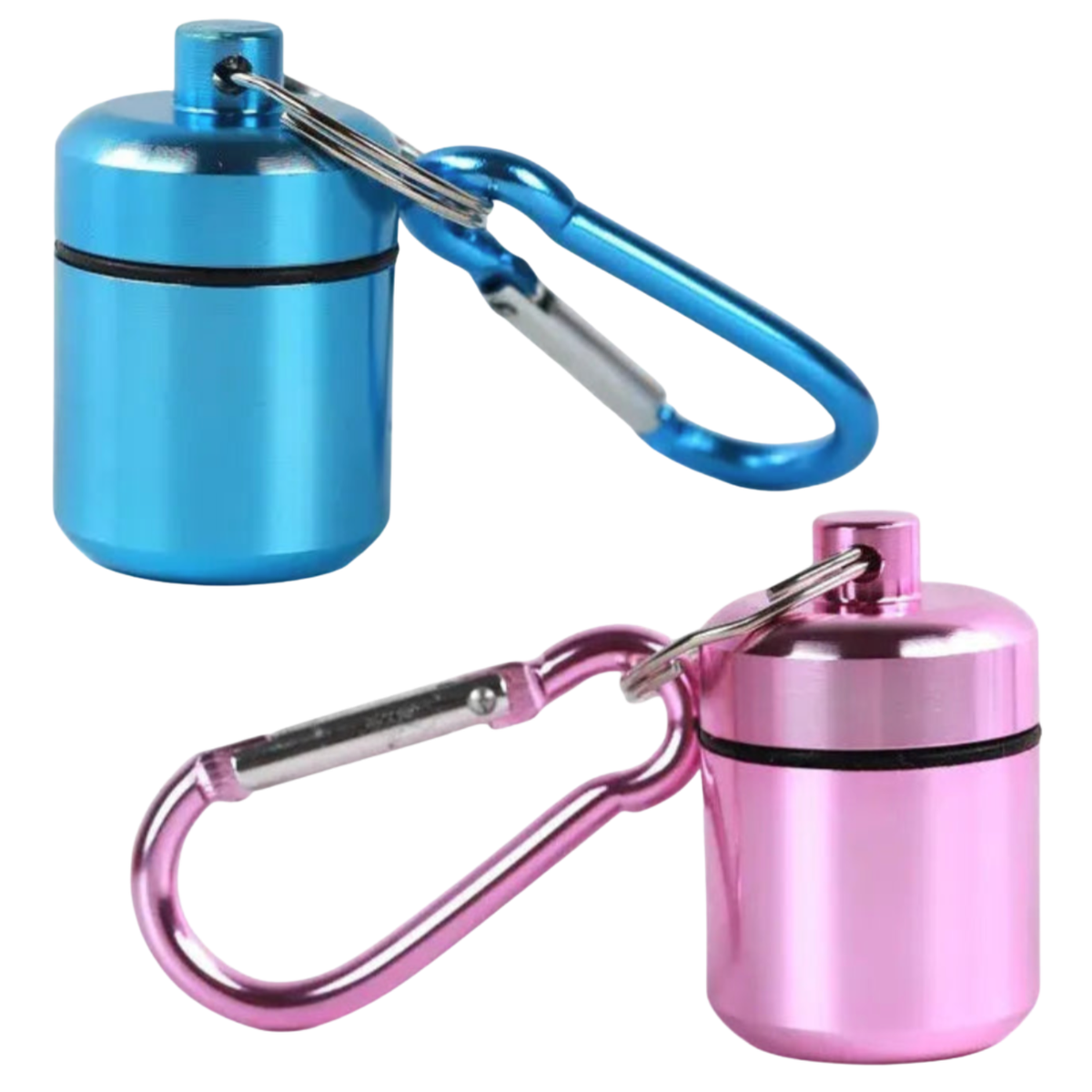Two Portable Mini Pill Holder - Carabiner Keychains, one in blue and one in pink, each featuring a matching carabiner attached to the lid and a black ring seal near the top of the cylindrical container.