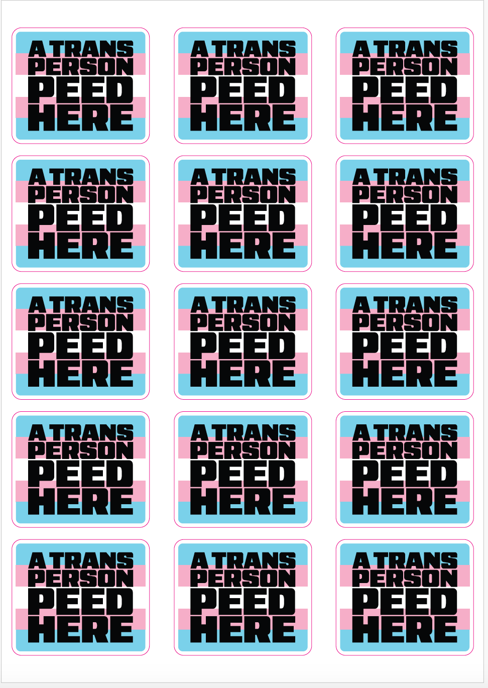 A4 sticker sheet with 15 'A Trans Person Peed Here' stickers featuring the transgender pride flag 