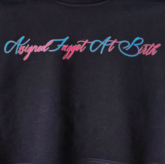 AFAB - locally printed crop tee: Black shirt with "Assigned Fagget At Birth" in pink and blue cursive text.