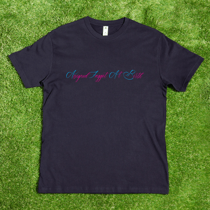 AS Colour Black t-shirt with pink and blue text AFAB Assigned Faggot At Birth