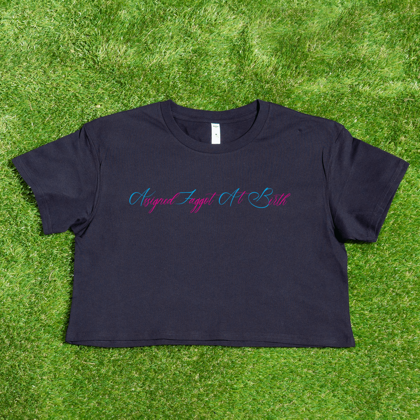 AS Colour Black crop t-shirt with pink and blue text AFAB Assigned Faggot At Birth