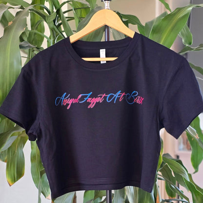 AS Colour Black crop t-shirt with pink and blue text AFAB Assigned Faggot At Birth