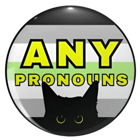 Agender Pride Black Cat Any Pronouns Button Badge - Gay Skate Agender Pride Black Cat Any Pronouns Button Badge skate accessories Gay Skate Gay Skate 32mm(1.25in)