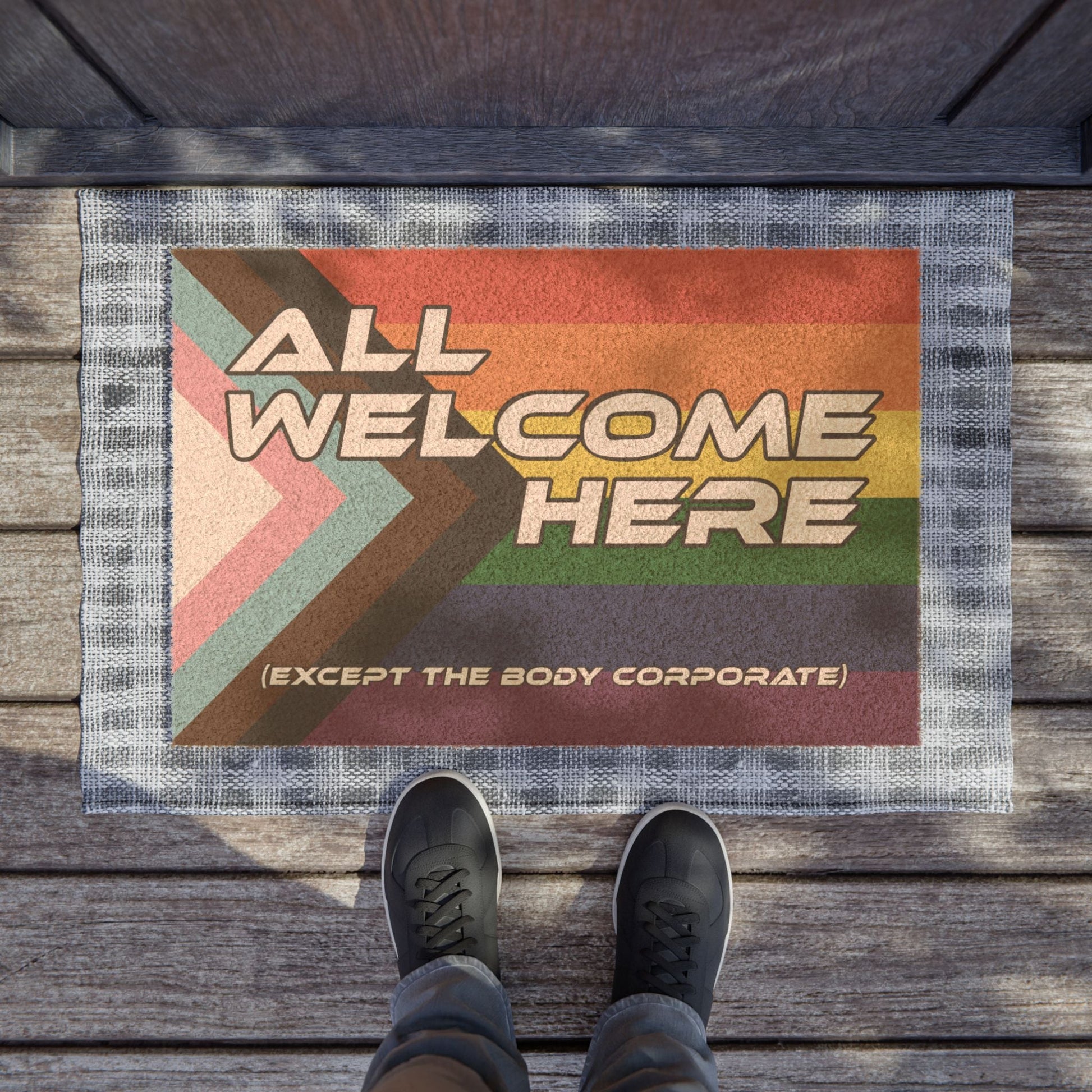 All Welcome Here - Except The Body Corporate - Doormat - Gay SkateAll Welcome Here - Except The Body Corporate - DoormatHome DecorPrintifyGay Skate11087435695009341462