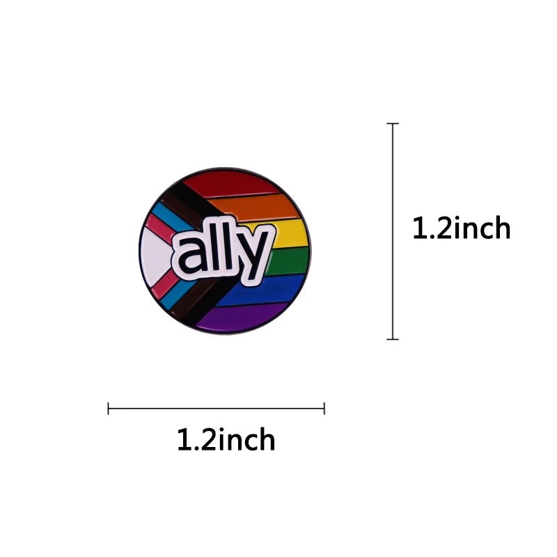 Ally enamel pin featuring progress pride flag