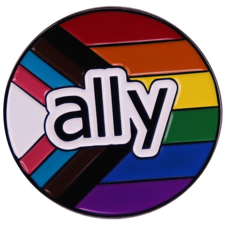 Ally enamel pin featuring progress pride flag