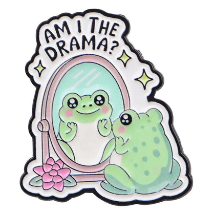 Badge with a cute cartoon frog looking into a mirror with 'Am I the drama?' text. Drag queen meme