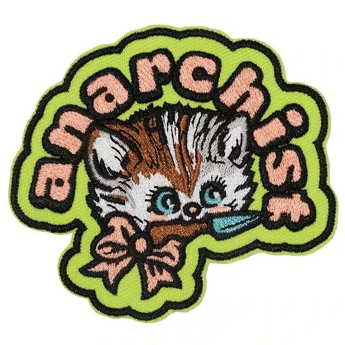 Anarchist embroidered iron on patch with kawaii cat design 