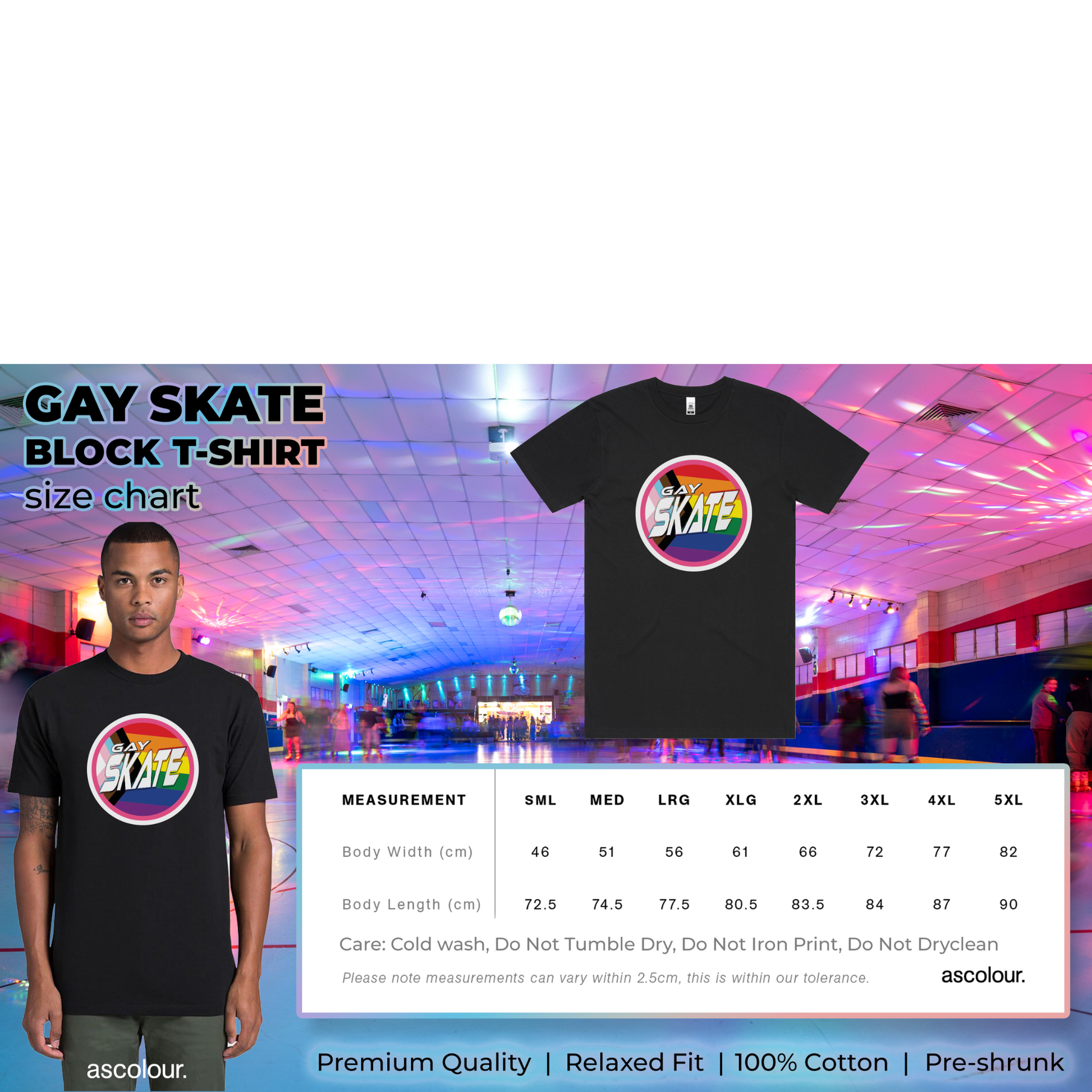 Promotional image for the AS Colour Block T-shirt, featuring a rainbow logo, model wearing the shirt, size charts (S–3XL), and care instructions. Highlights include premium quality, relaxed fit, and 100% cotton fabric.