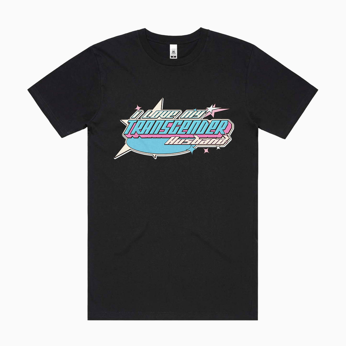 Presenting the "I LOVE MY TRANSGENDER HUSBAND" t-shirt by Gay Skate, a black tee showcasing a vibrant graphic in the center. The design features the text "Transgender Wizard" in a colorful retro style, highlighted with pink, blue, and white accents inspired by the Transgender Pride Flag, all set against a circular background with a starburst motif. This unique piece is locally hand-printed to ensure exceptional quality and detail.