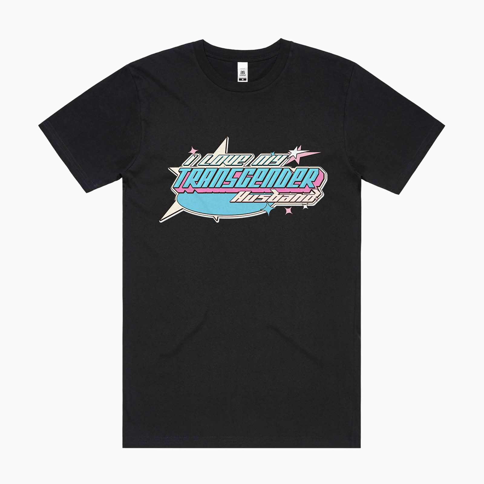 Presenting the "I LOVE MY TRANSGENDER HUSBAND" t-shirt by Gay Skate, a black tee showcasing a vibrant graphic in the center. The design features the text "Transgender Wizard" in a colorful retro style, highlighted with pink, blue, and white accents inspired by the Transgender Pride Flag, all set against a circular background with a starburst motif. This unique piece is locally hand-printed to ensure exceptional quality and detail.