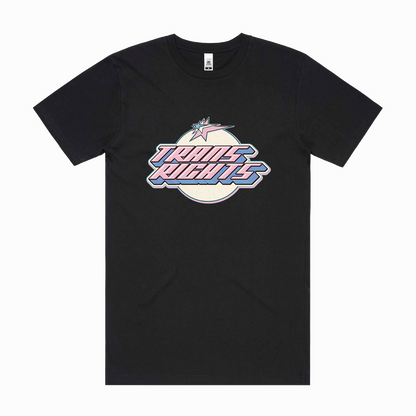 The TRANS RIGHTS - Local hand printed t-shirt by Gay Skate is a black T-shirt featuring a vibrant, retro-style graphic design with bold, stylized letters spelling out "Trans Rights" across the chest. The design showcases a pink, white, and blue color scheme reminiscent of the transgender flag. Custom orders are available with Australian shipping options.