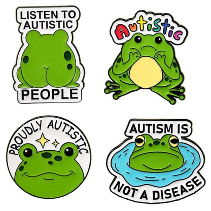 Four badges with cute green frogs and autism pride text