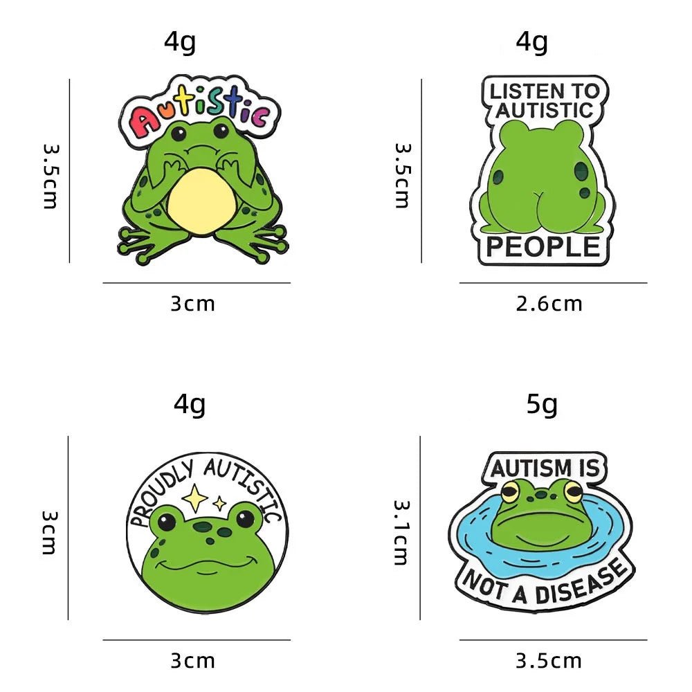 Set of four green frog-themed badges with autism awareness messages and measurements.