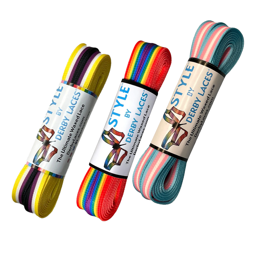 Three pairs of colorful shoelaces are displayed. The first pair is yellow with black and purple stripes, the second pair features a Pride flag pattern, and the third pair is pale pink with teal and coral stripes. All shoelaces are Waxed Skate Laces by Derby Laces, proudly presented under the Gay Skate brand.