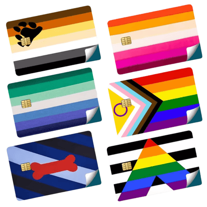 Six rectangular bank card sticker skins with different pride flag designs on bank cards including bear, gay men, pup, lesbian, rainbow and ally flags