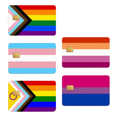 Five Bank Card Skin - LGBTIQAP+ pride flags stickers featuring the progress, transgender, lesbian, intersex-inclusive progress, and bisexual pride flags.