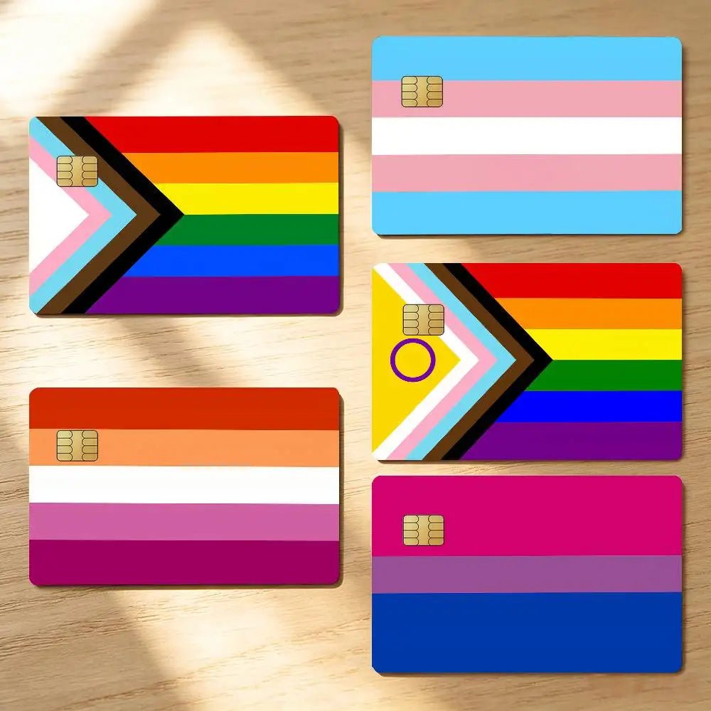 Five Bank Card Skin - LGBTIQAP+ pride flags stickers featuring the progress, transgender, lesbian, intersex-inclusive progress, and bisexual pride flags.