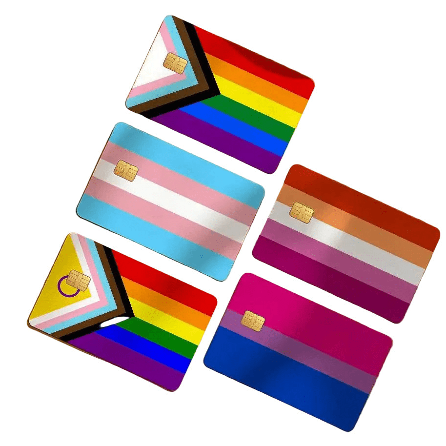 Five Bank Card Skin - LGBTIQAP+ pride flags stickers featuring the progress, transgender, lesbian, intersex-inclusive progress, and bisexual pride flags.