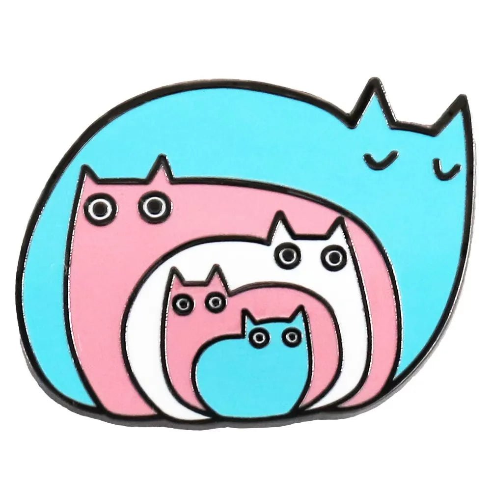 Trans pride flag cat-shaped badge with pink, white, and blue cats i