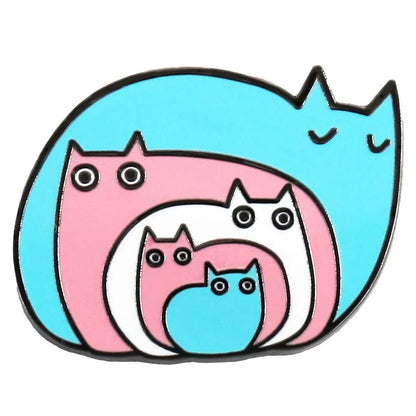 Trans pride flag cat-shaped badge with pink, white, and blue cats i