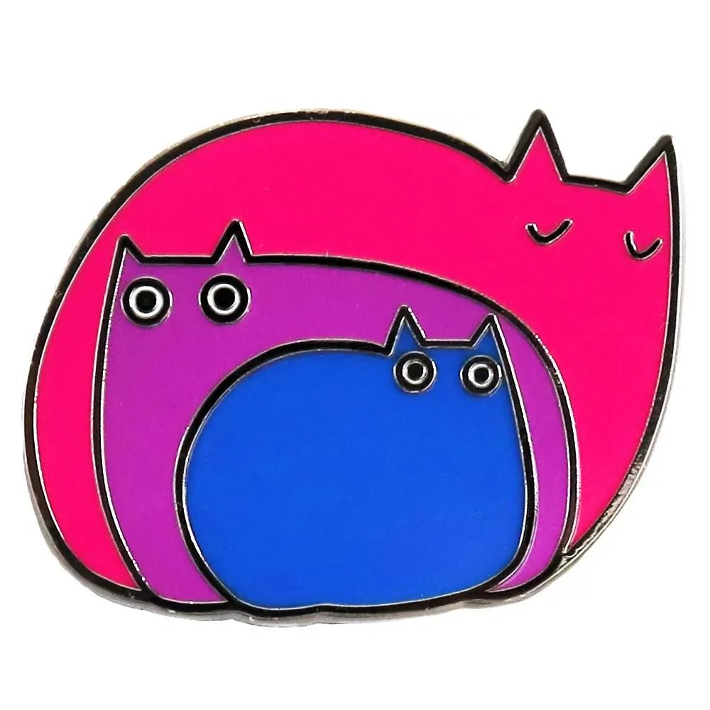 Bisexual pride cat-shaped pin with pink, purple, and blue colours