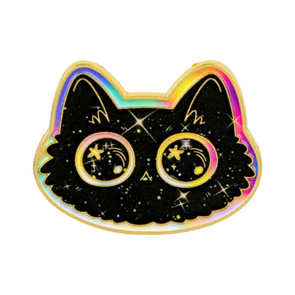 Black cat-shaped pin with rainbow and galaxy detail